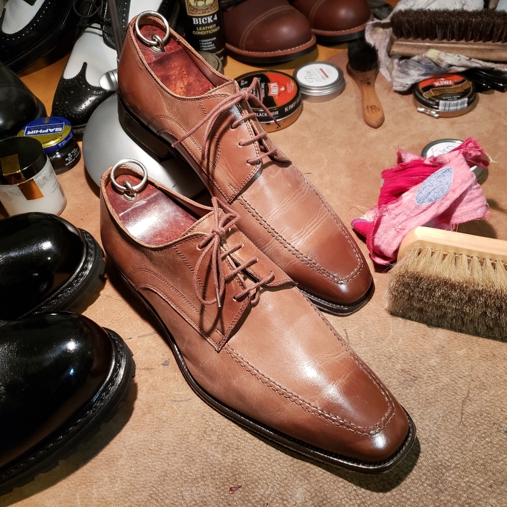 Italian Derby Apron Stitch tan, brown patina